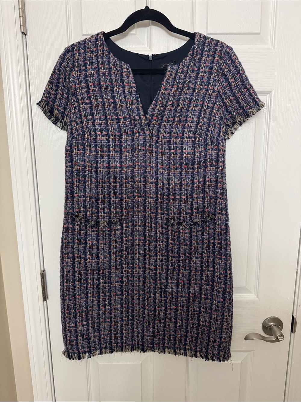 Ann Taylor Navy and Pink Tweed Short-Sleeve Shift Dress